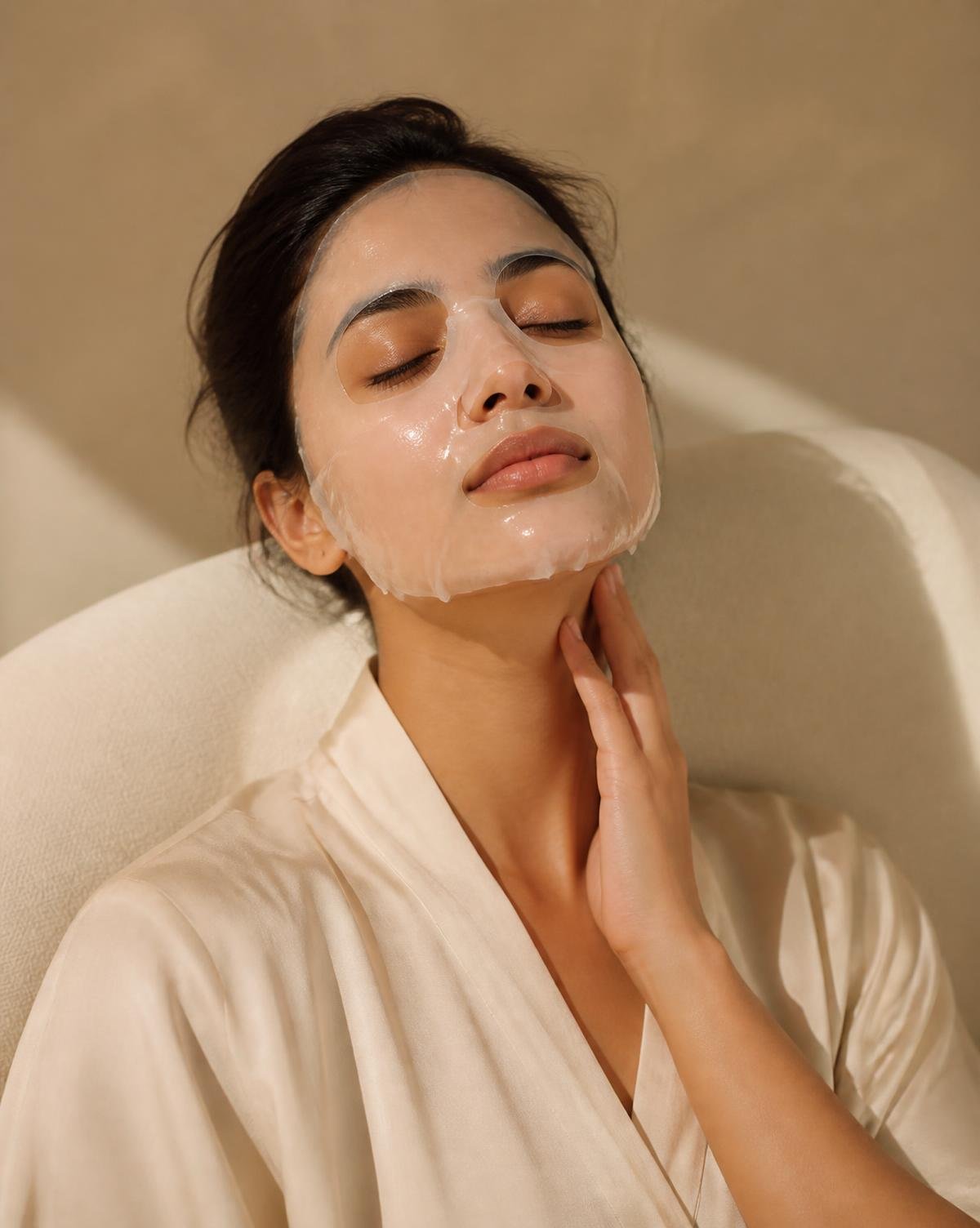 Indian woman relaxing with a hydrating sheet mask during a skin session