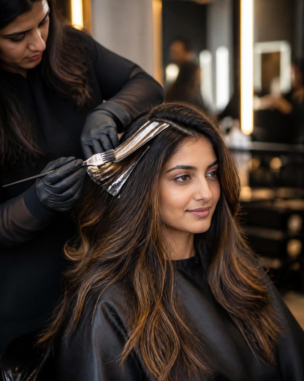 Foils being applied for hair highlights on an Indian client