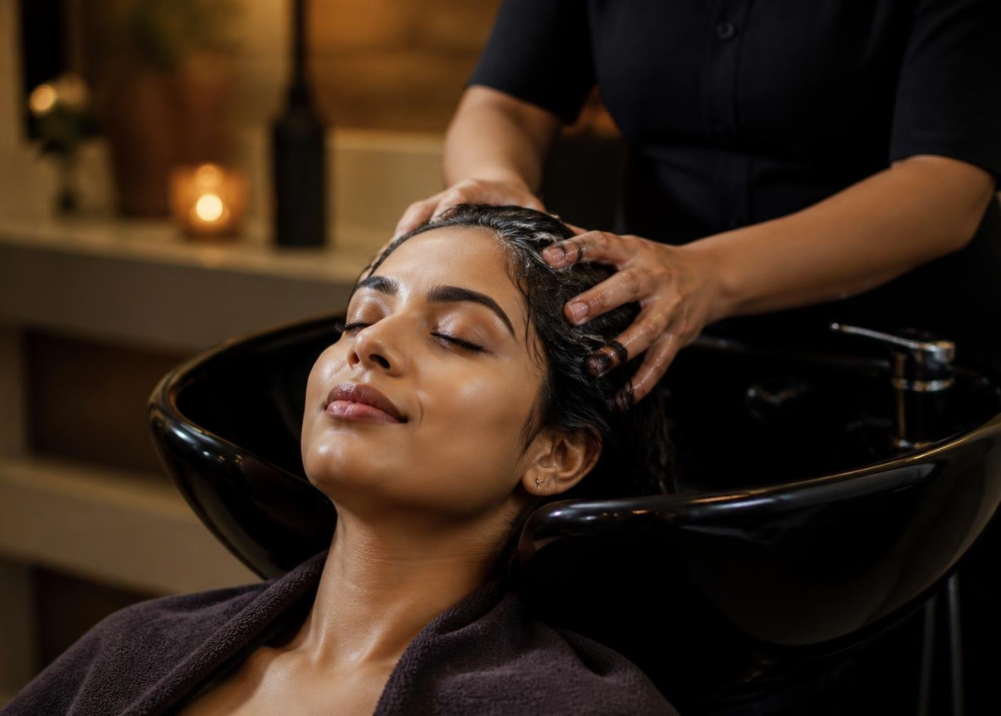 Indian woman enjoying a relaxing hair spa head massage