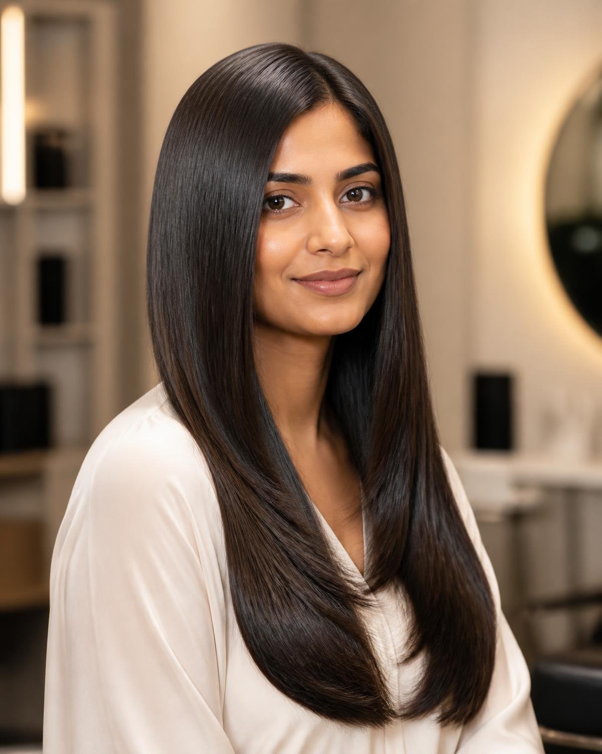 Indian woman with sleek straightened glossy hair after a salon service