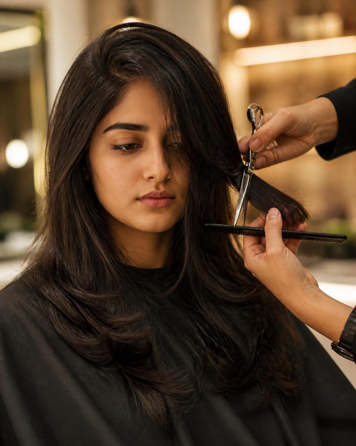 Indian woman receiving a precision haircut at Twinky's salon in Kolhapur
