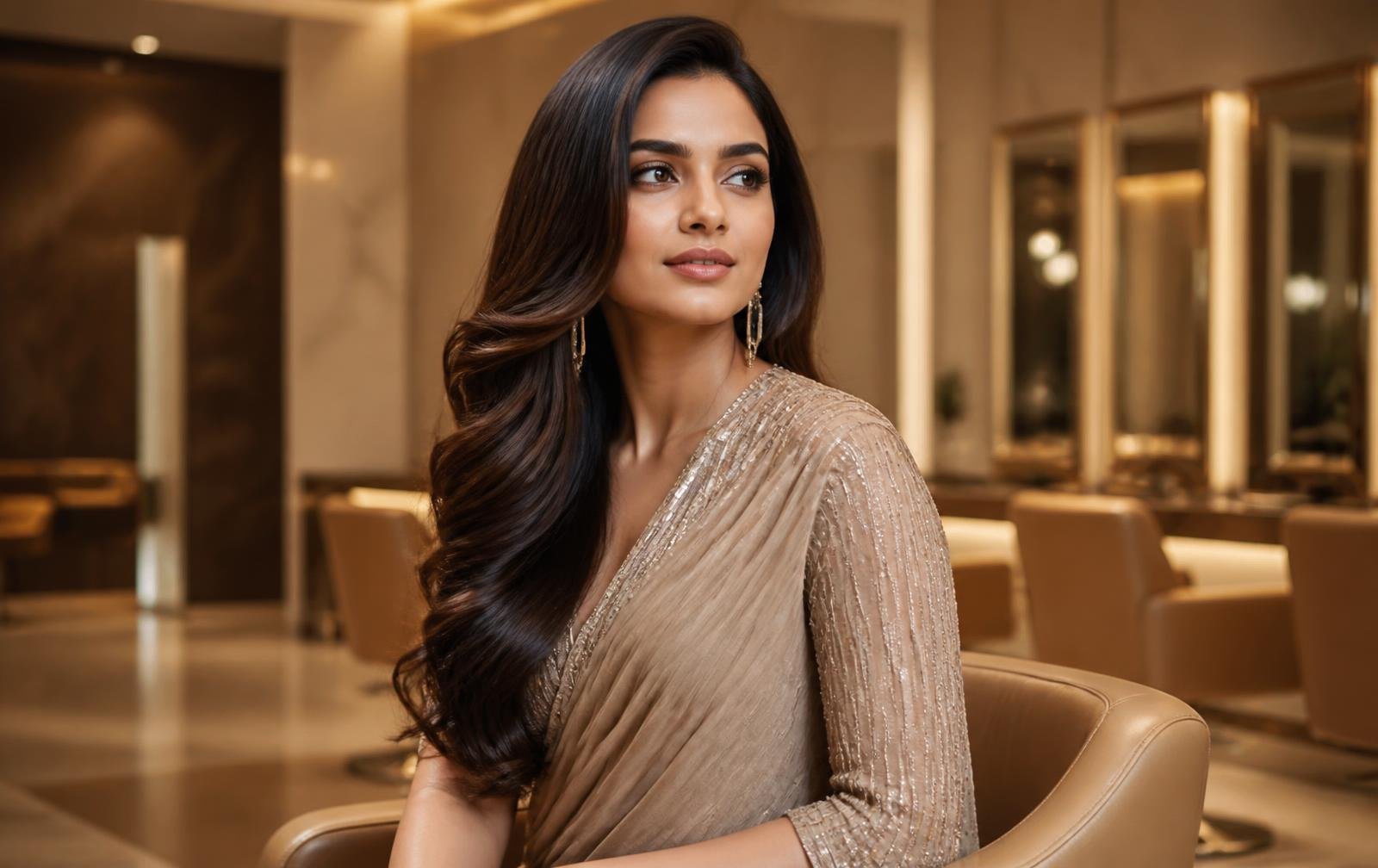 Indian woman with softly styled long hair in a premium Kolhapur ladies salon