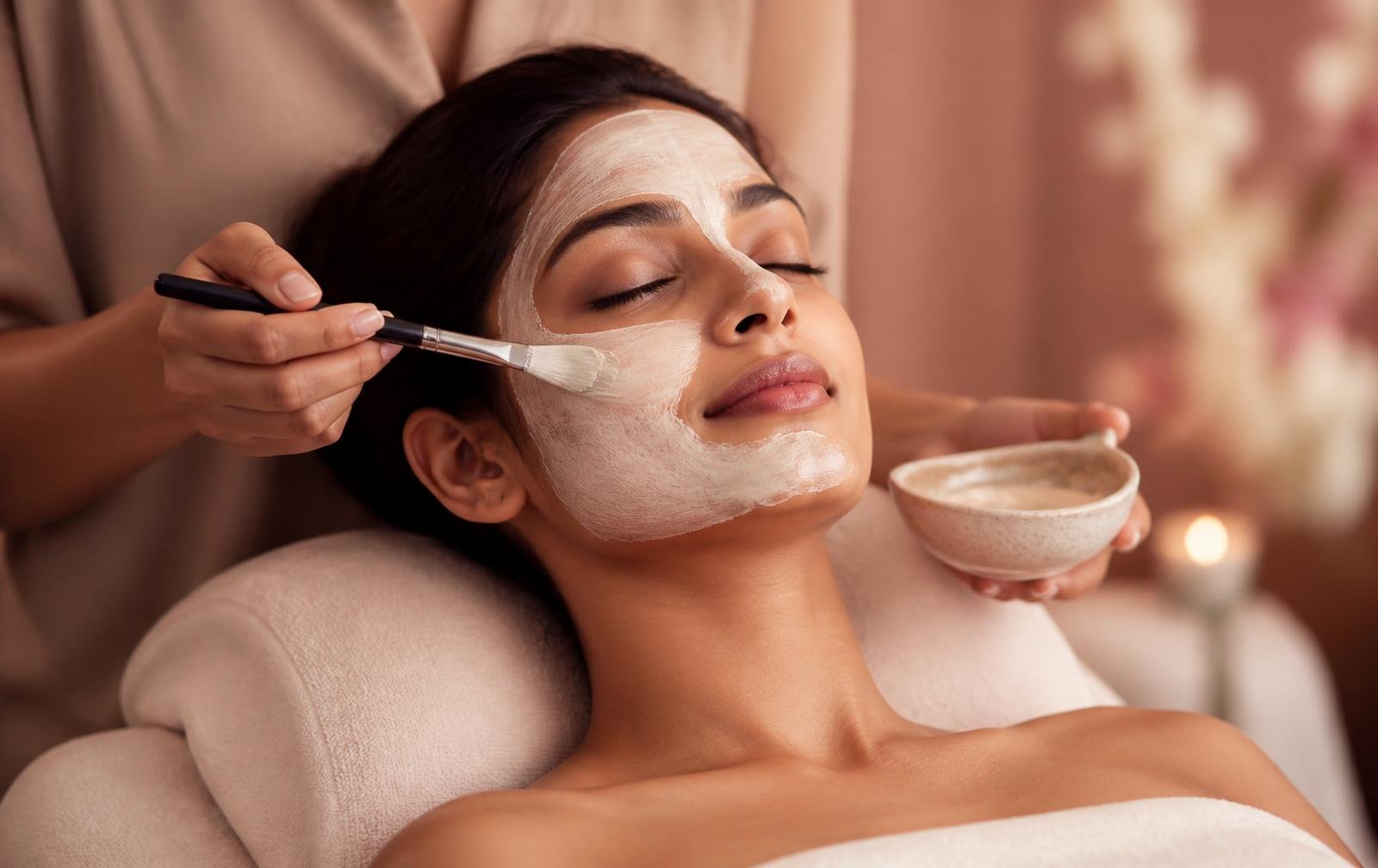 Indian woman receiving a facial treatment at Twinky's ladies salon