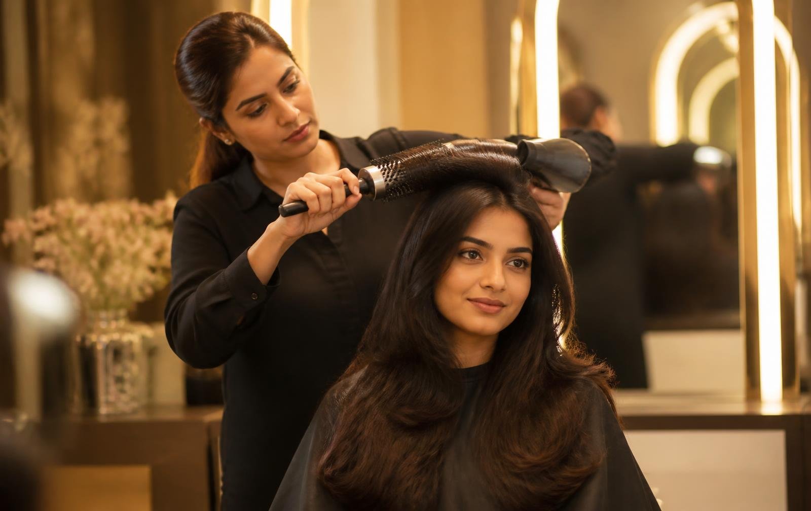 Indian hairstylist blow-drying a client's hair at Twinky's salon