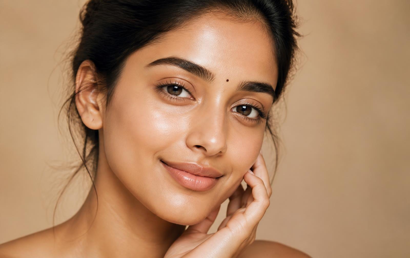 Close-up of an Indian woman with radiant, healthy skin