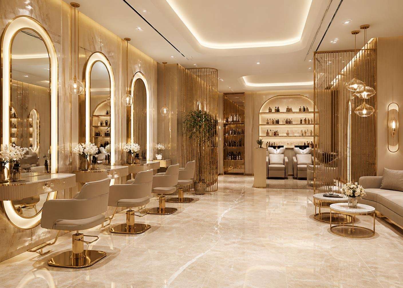 Warm, luxurious interior of Twinky's ladies salon with styling chairs and lit mirrors