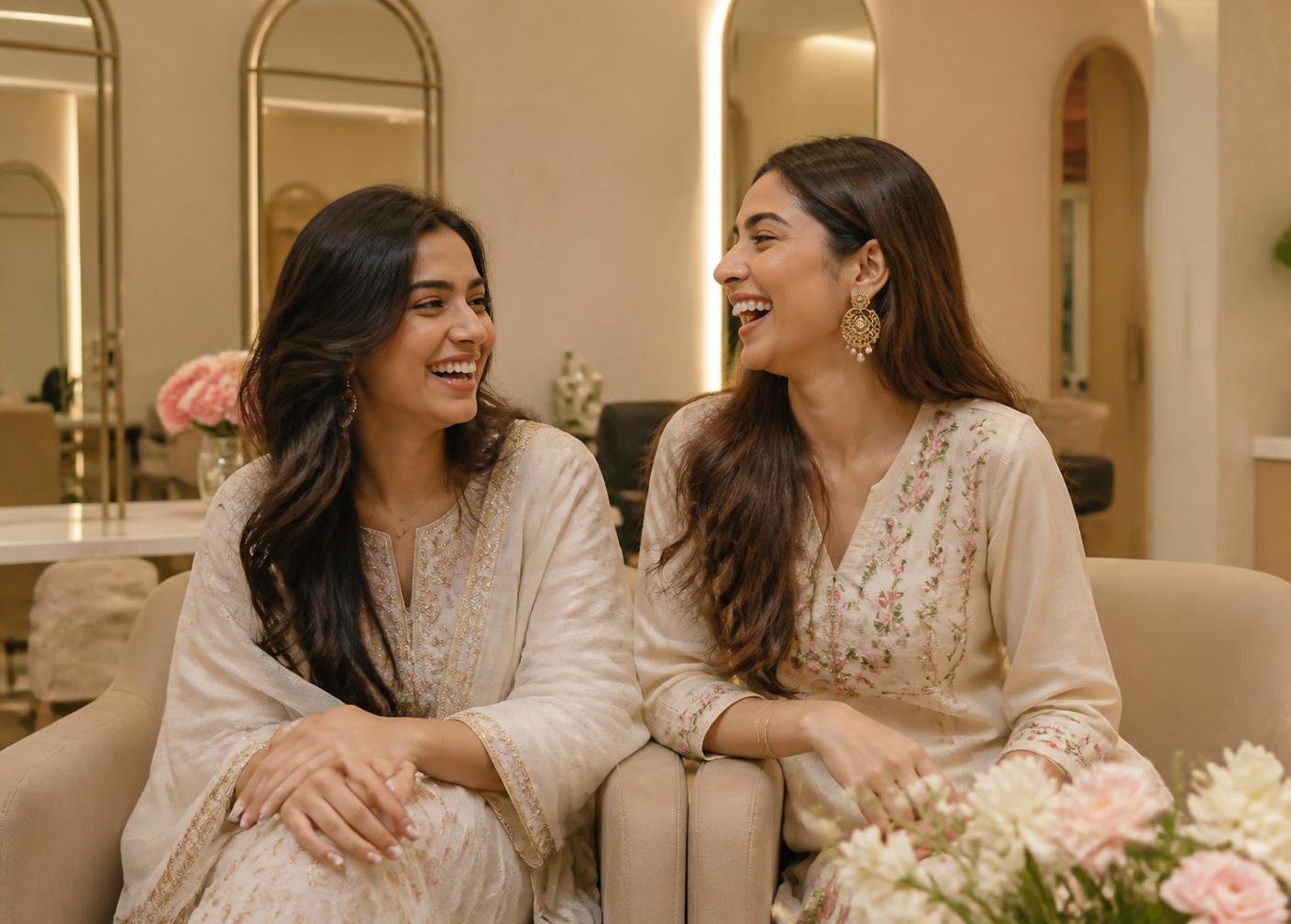 Two Indian women relaxing and laughing in the lounge of Twinky's salon