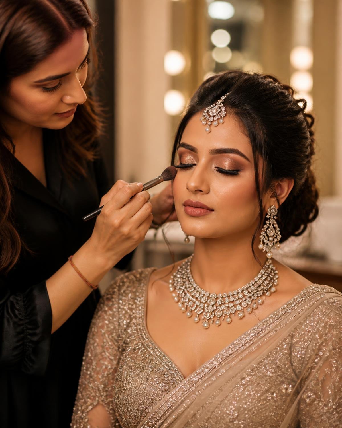 Makeup artist applying soft glam makeup to an Indian woman