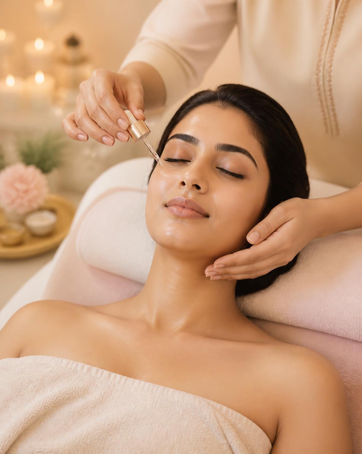 Facial serum being applied during a skin treatment at Twinky's