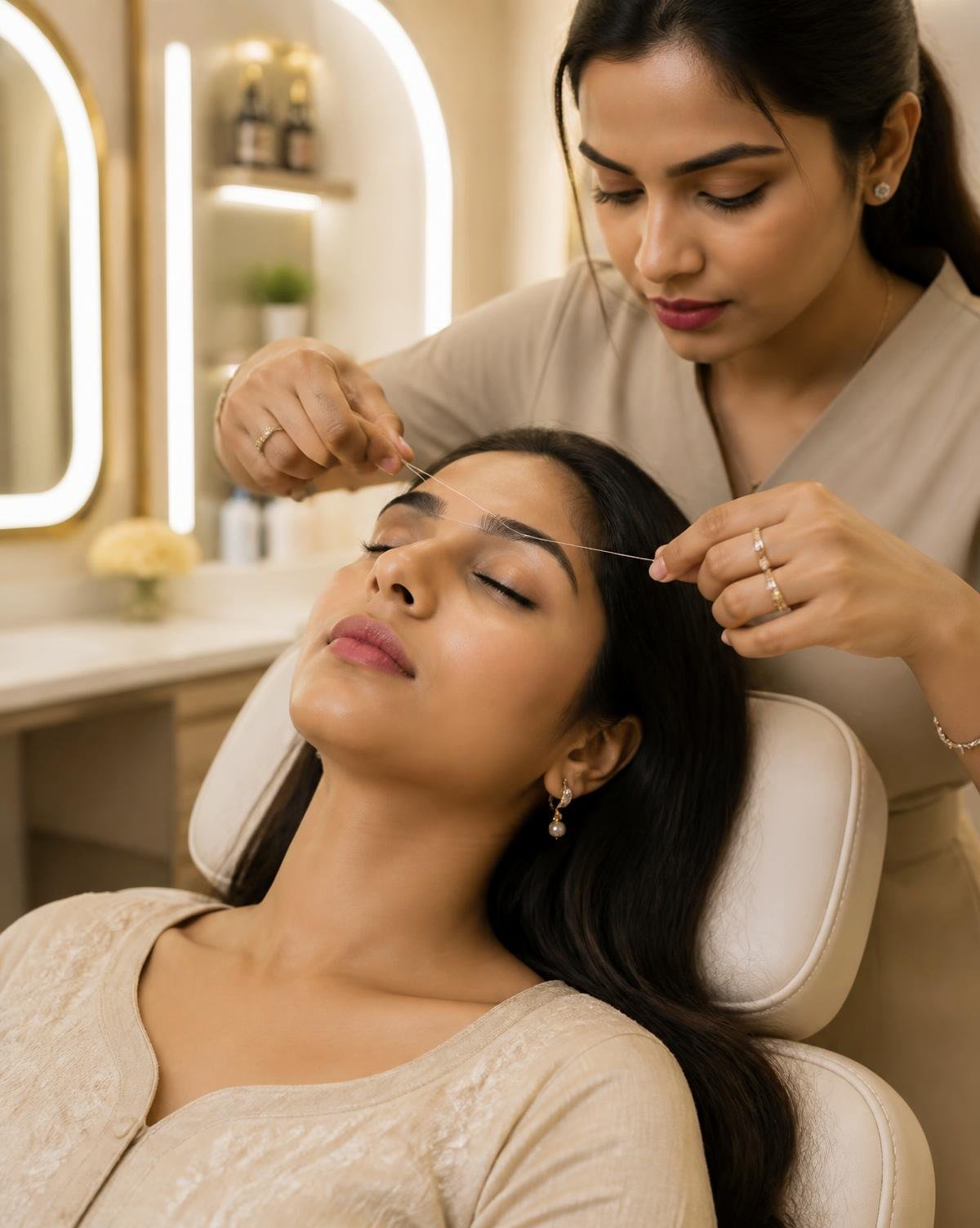 Beautician shaping an Indian woman's eyebrows with threading